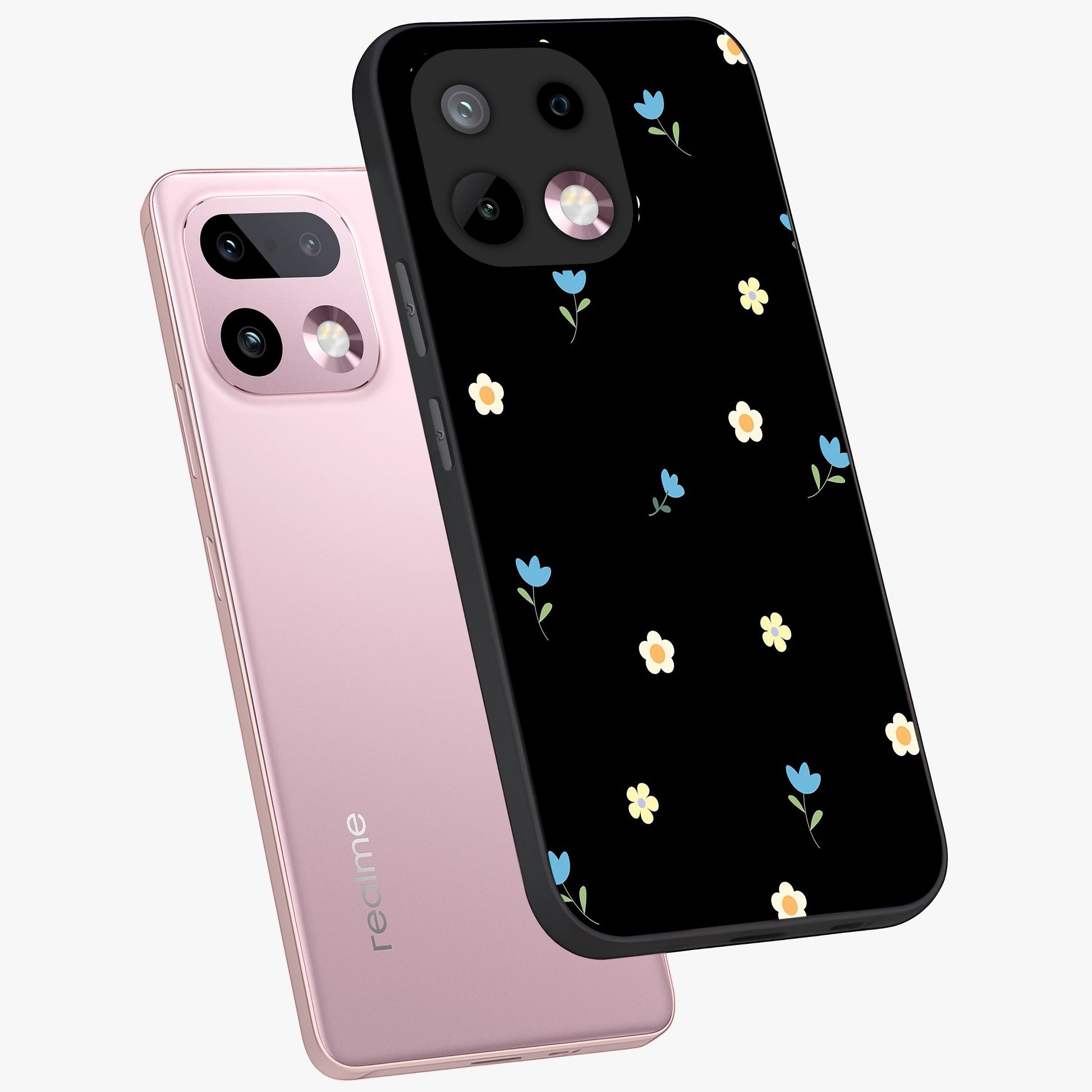 Minimal Petal Whispers Glass Case displayed in angled mockup highlighting delicate petal design with clean minimal aesthetic.