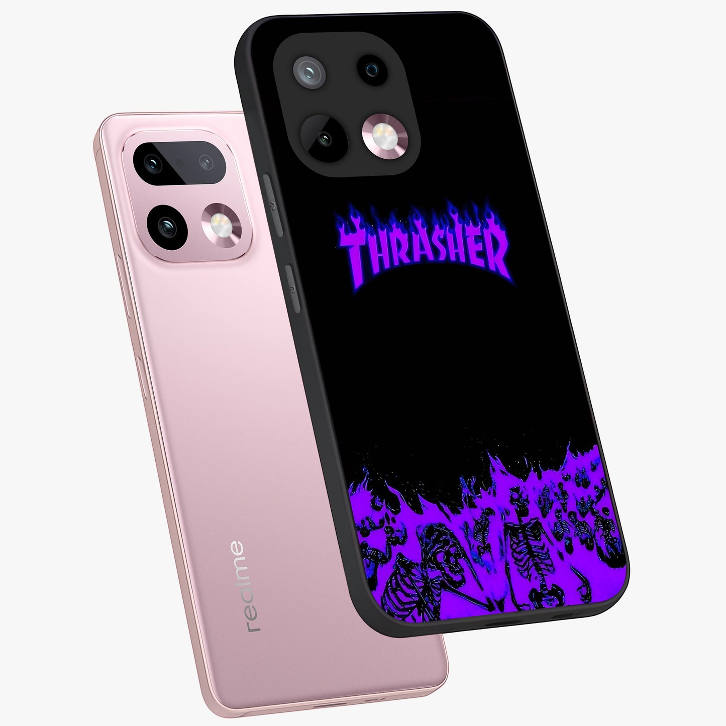 Neon Flame Riot Glass Case displayed in angled mockup highlighting glowing flame design with vibrant neon aesthetic.