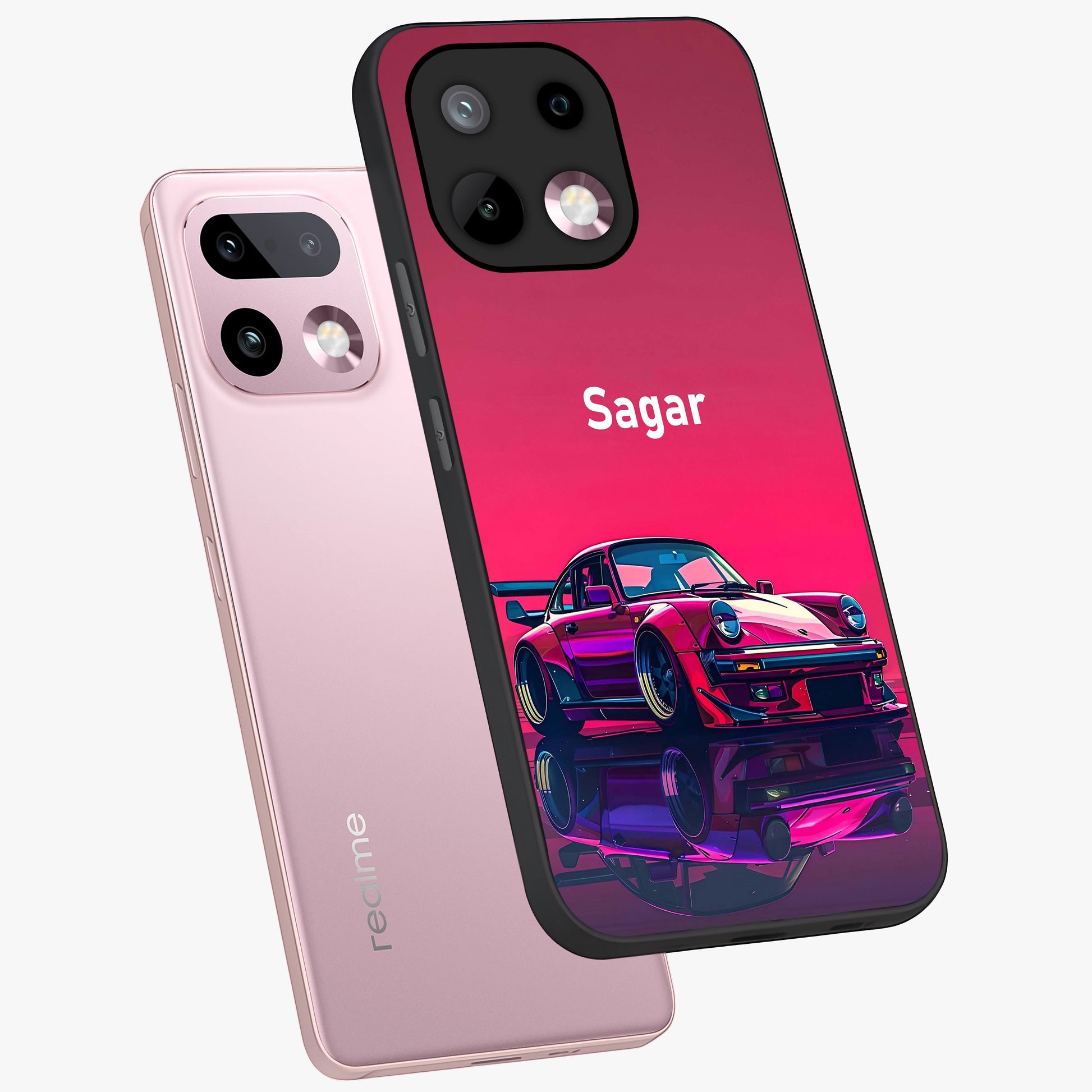 Neon Pink Porsche Glass Case displayed in angled mockup highlighting sleek neon pink car design with racing aesthetic.