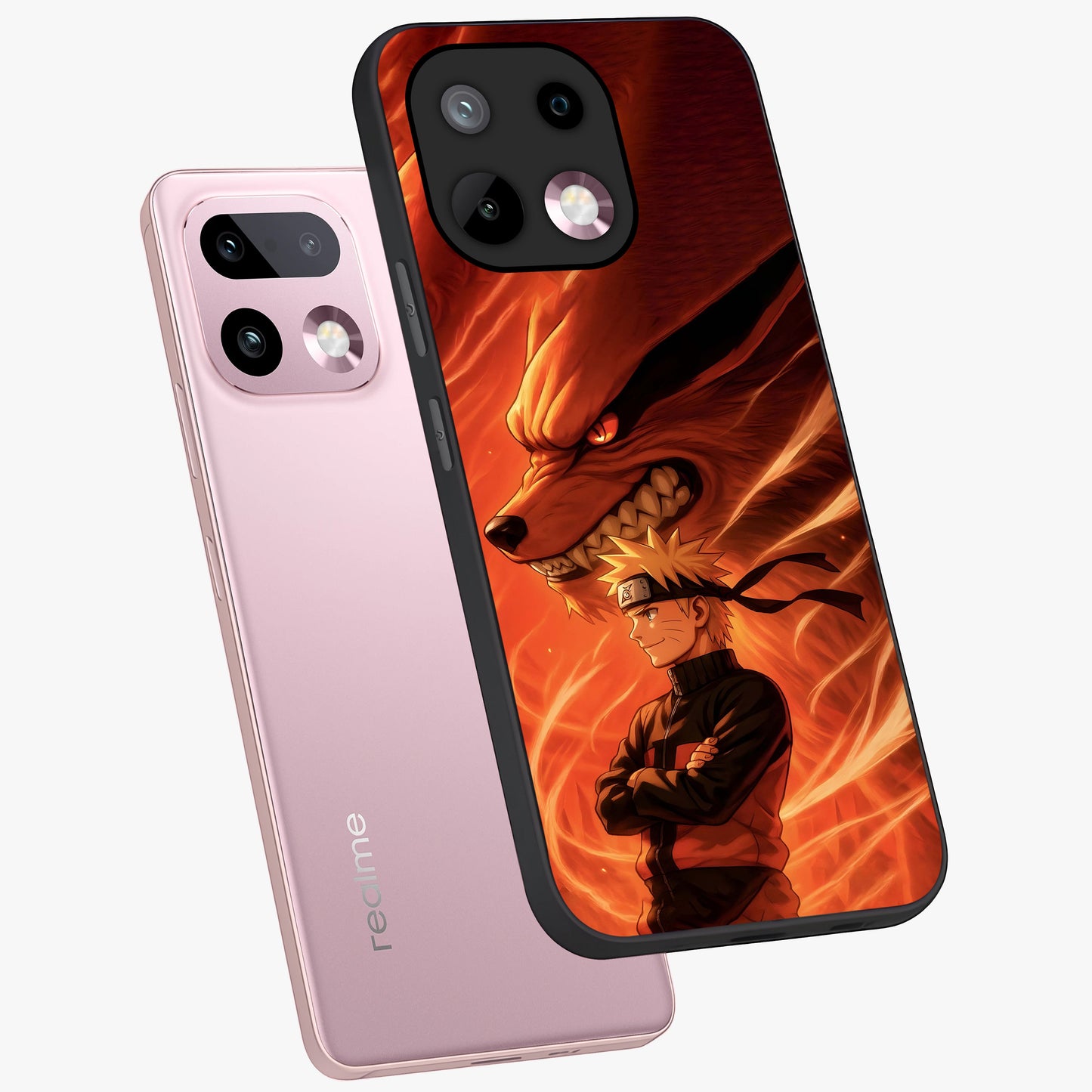 Nine Tails Legacy Glass Case displayed in angled mockup highlighting dynamic anime beast illustration with bold mystical aesthetic.