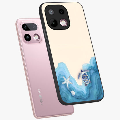 Ocean Drift Turtle Glass Case displayed in angled mockup highlighting peaceful ocean turtle illustration with marine aesthetic.
