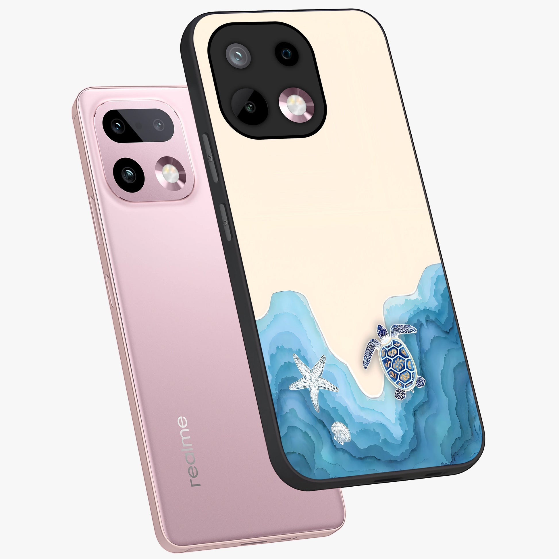 Ocean Drift Turtle Glass Case displayed in angled mockup highlighting peaceful ocean turtle illustration with marine aesthetic.