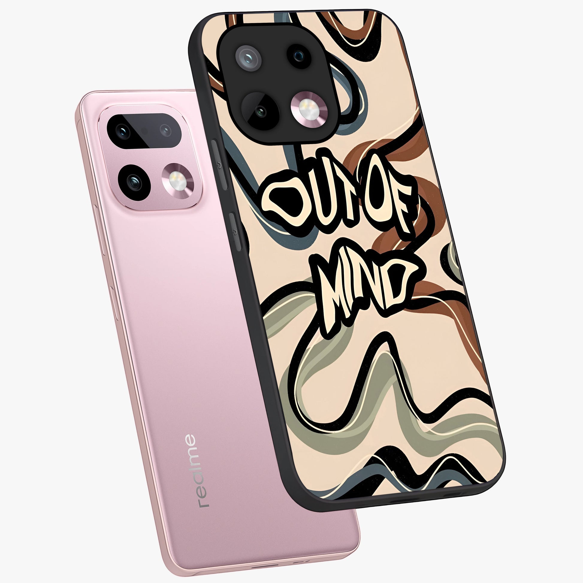 Out Of Mind Glass Case displayed in angled mockup highlighting bold statement design with modern artistic aesthetic.