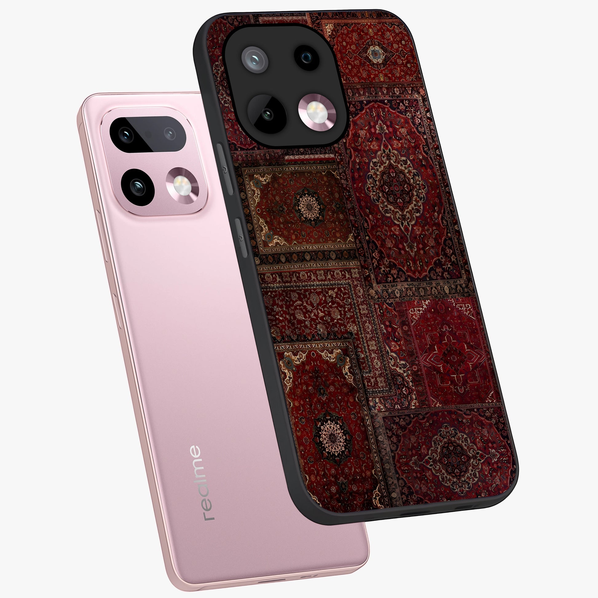 Persian Velvet Tale Glass Case displayed in angled mockup highlighting ornate textile inspired design with royal aesthetic.