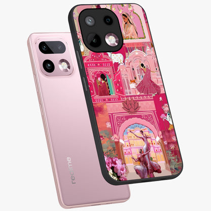 Pink Palace Muse Glass Case displayed in angled mockup highlighting dreamy palace illustration with soft pink aesthetic.