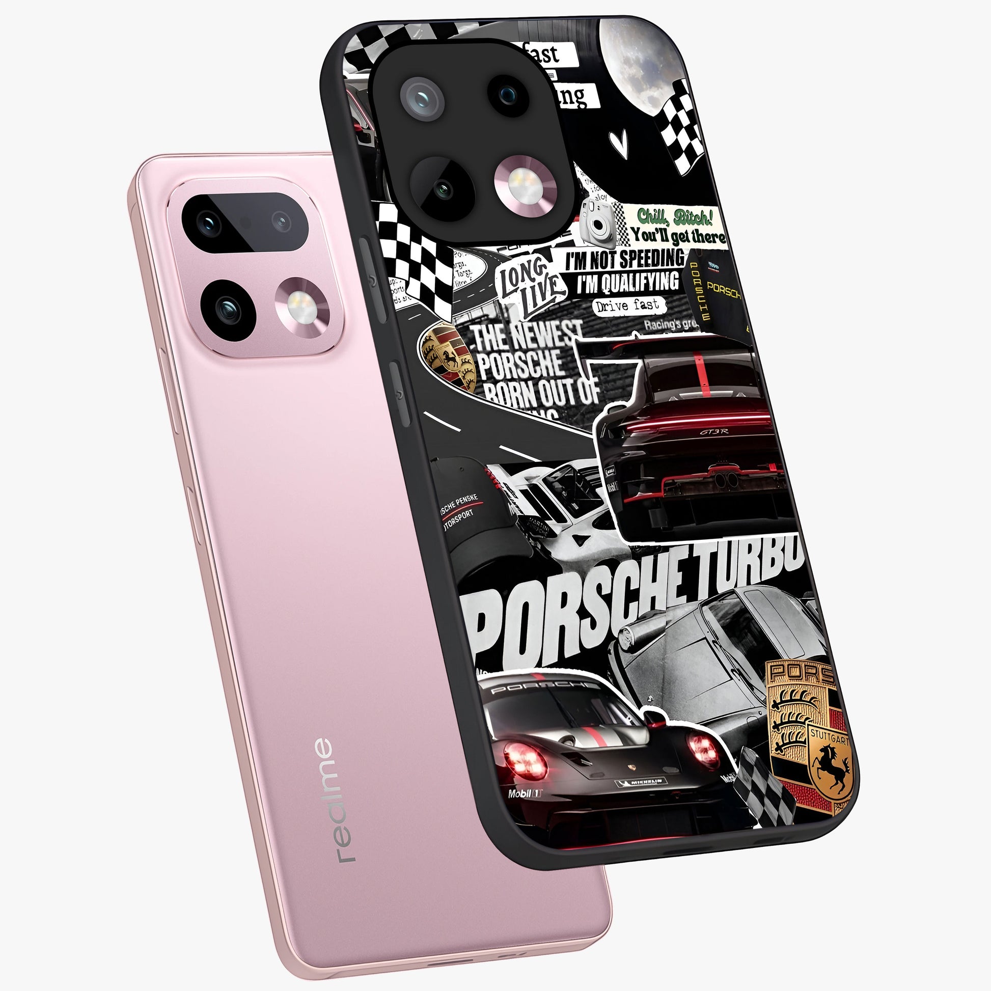 Porsche Racing Collage Glass Case displayed in angled mockup highlighting dynamic automotive design with bold racing aesthetic.