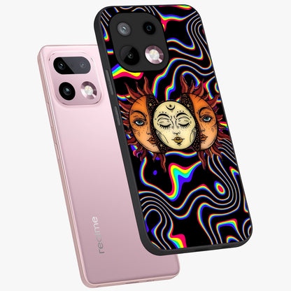 Psychedelic Sun Glass Case displayed in angled mockup highlighting vibrant abstract sun design with artistic aesthetic style.