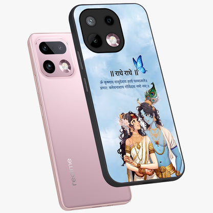 Radha Krishna Eternal Glass Case displayed in angled mockup highlighting divine Radha Krishna illustration with spiritual aesthetic.