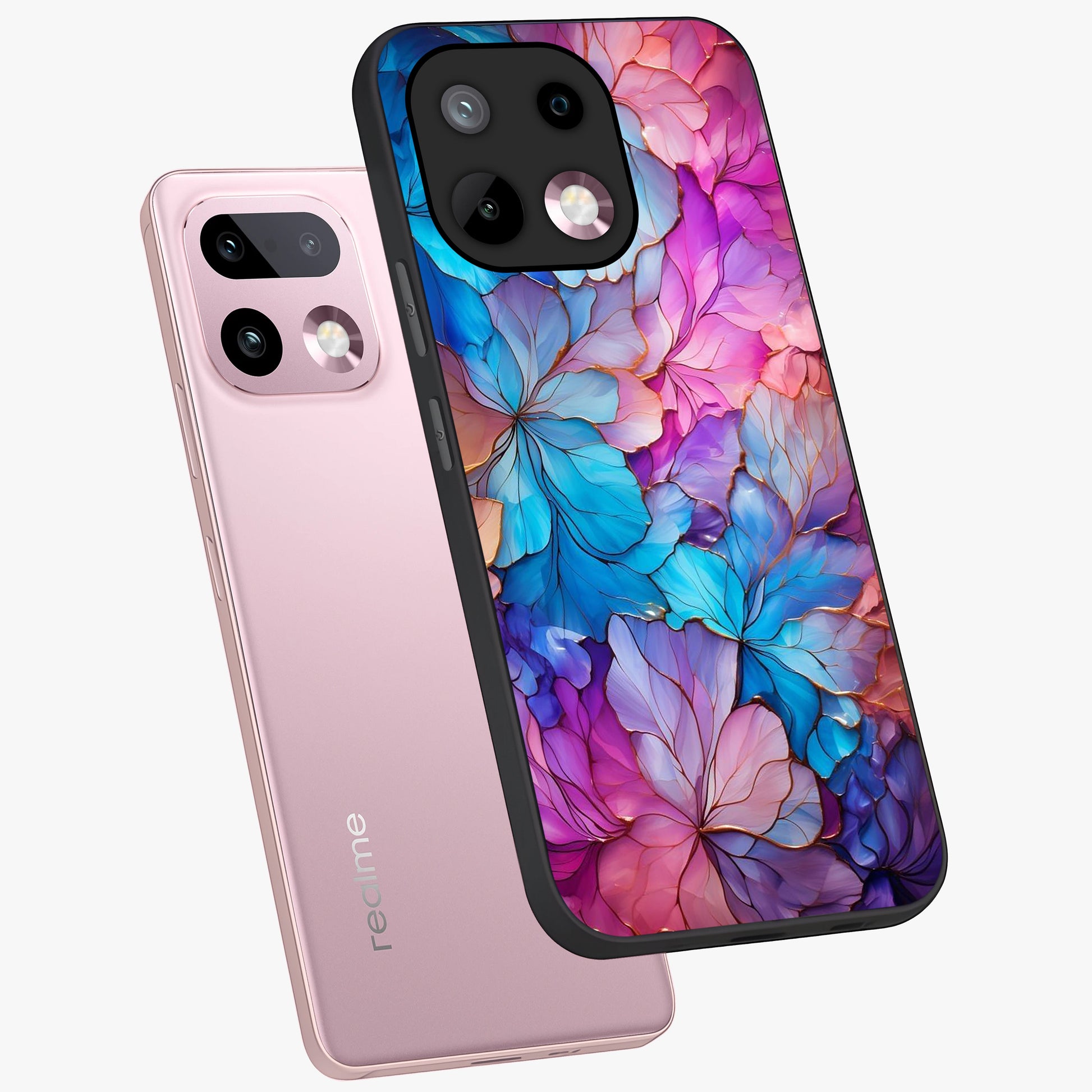 Radiant Floral Whirl Glass Case displayed in angled mockup highlighting vibrant flower pattern with dynamic artistic aesthetic.