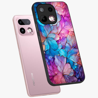 Radiant Floral Whirl Glass Case displayed in angled mockup highlighting vibrant flower pattern with dynamic artistic aesthetic.