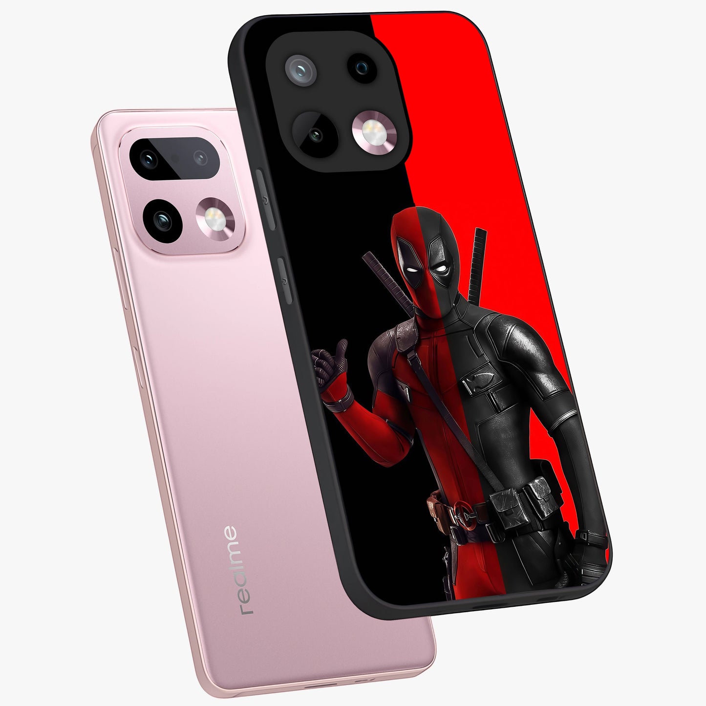 Red & Black Deadpool Theme Glass Case displayed in angled mockup highlighting vibrant superhero style illustration with action aesthetic.