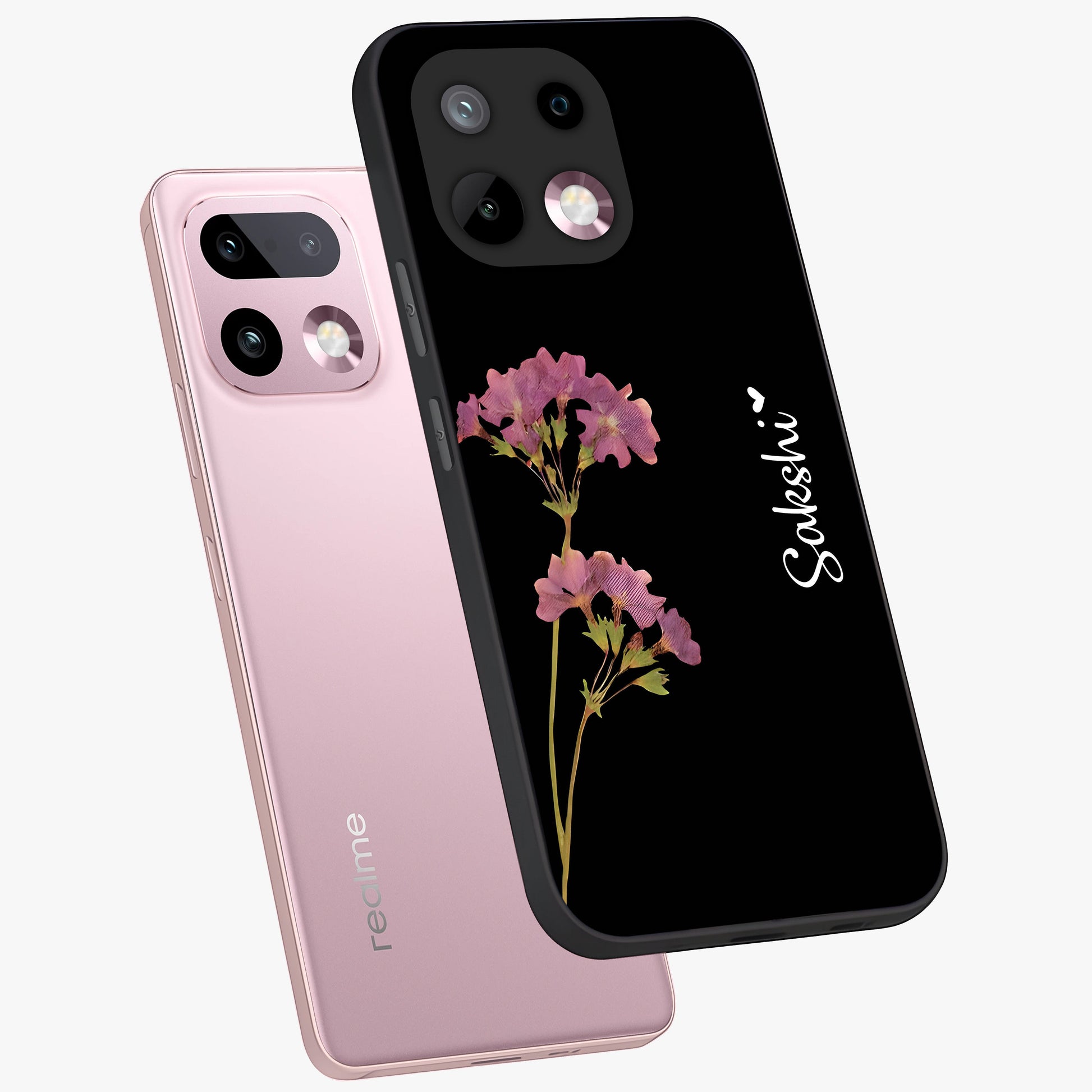 Riching Lavender Flower Custom Name Glass Case displayed in angled mockup highlighting delicate lavender flower design with custom name feature.