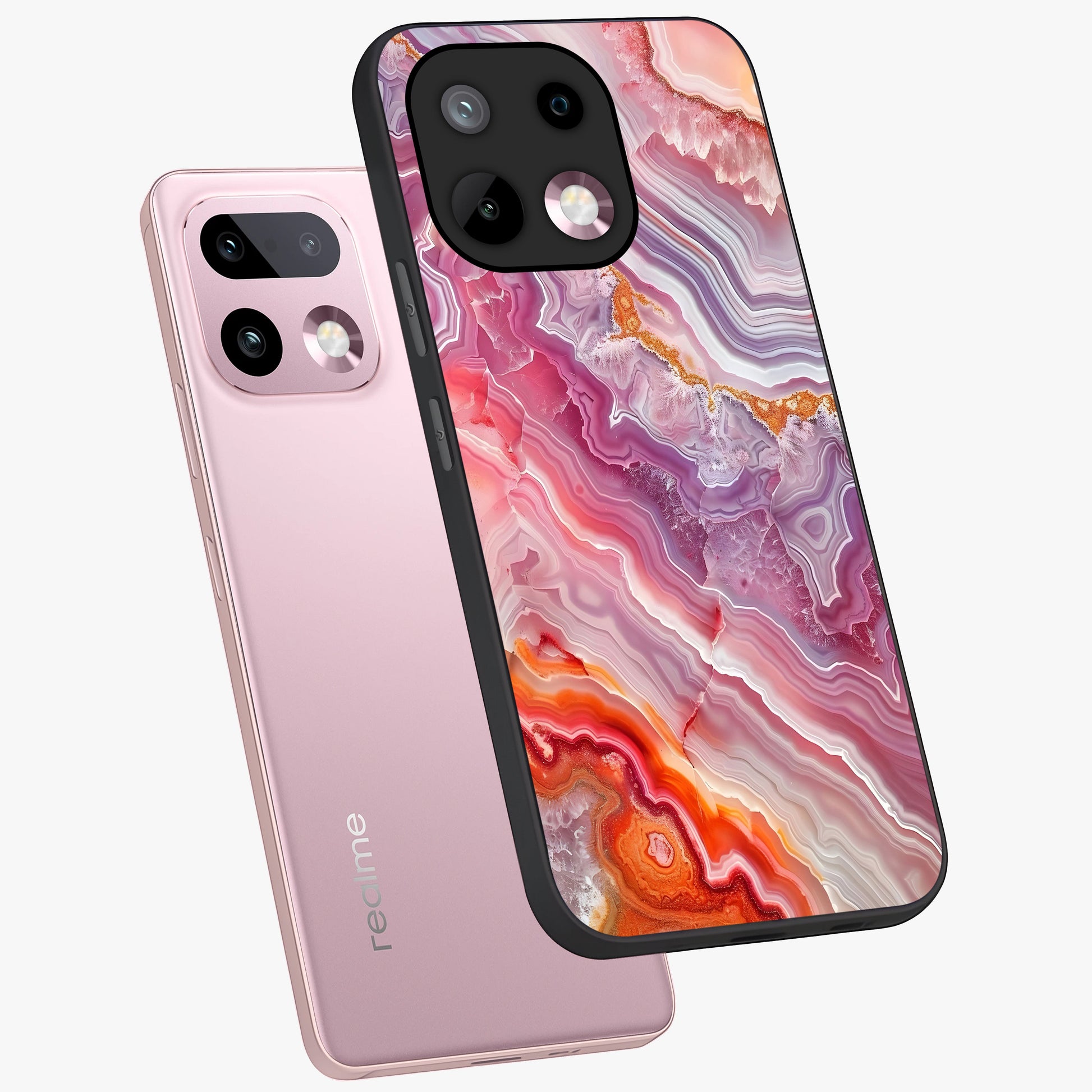 Rose Quartz Marble Glass Case displayed in angled mockup highlighting elegant marble pattern with soft aesthetic style.