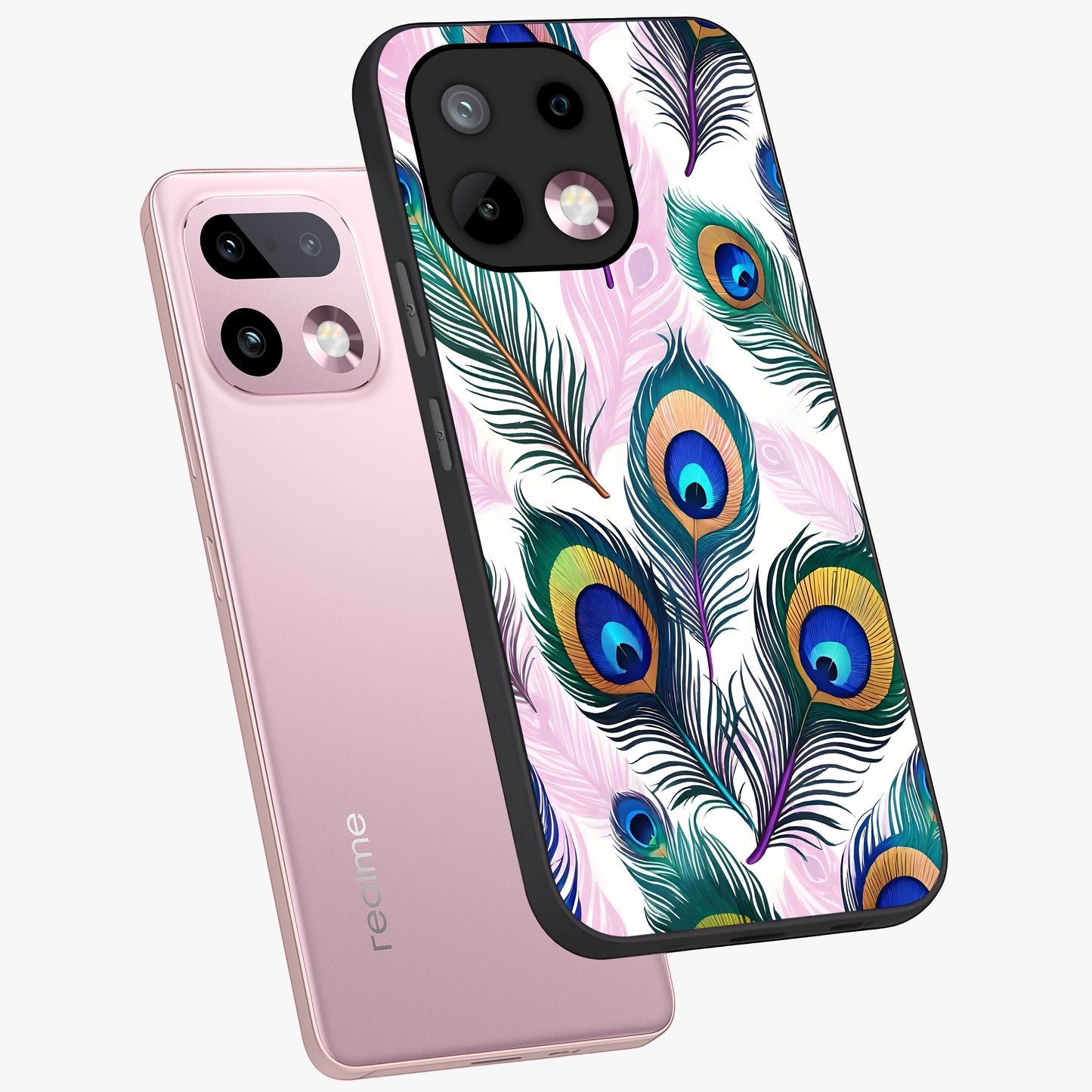 Royal Peacock Feathers Glass Case displayed in angled mockup highlighting vibrant feather pattern with regal aesthetic style.