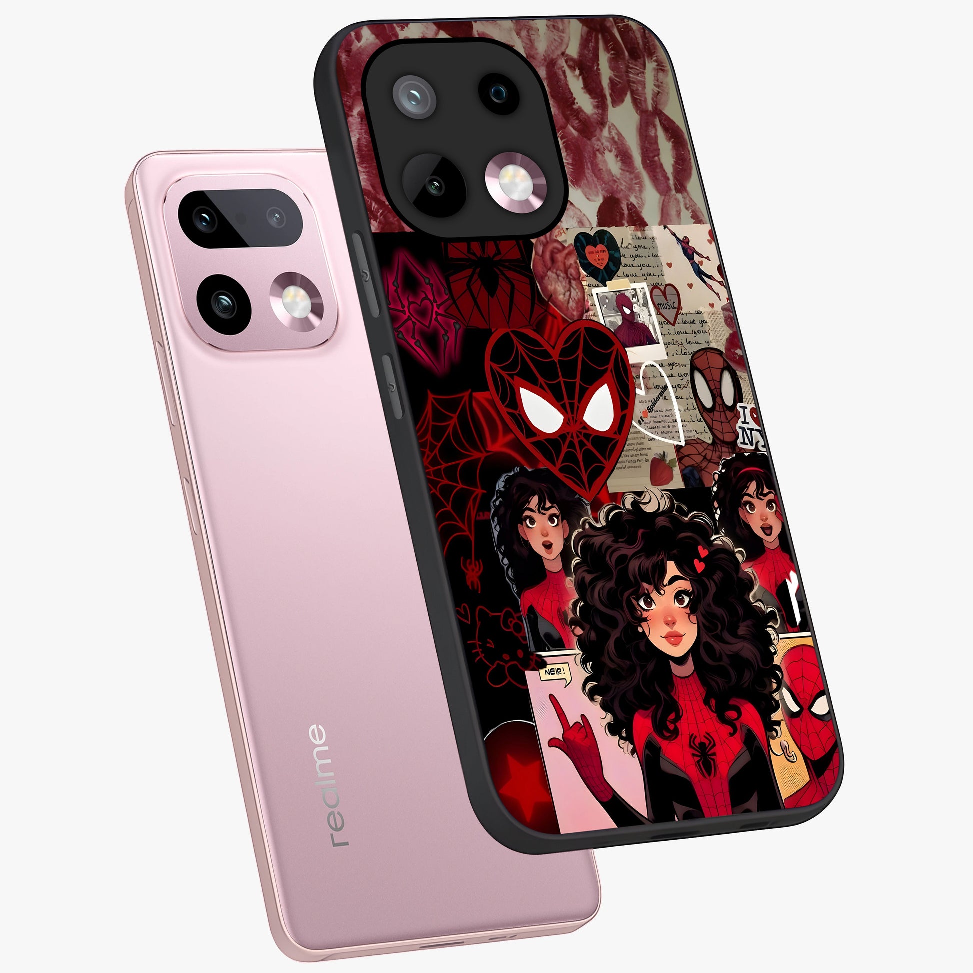 Spider Love Story Glass Case displayed in angled mockup highlighting expressive comic inspired design with playful aesthetic.