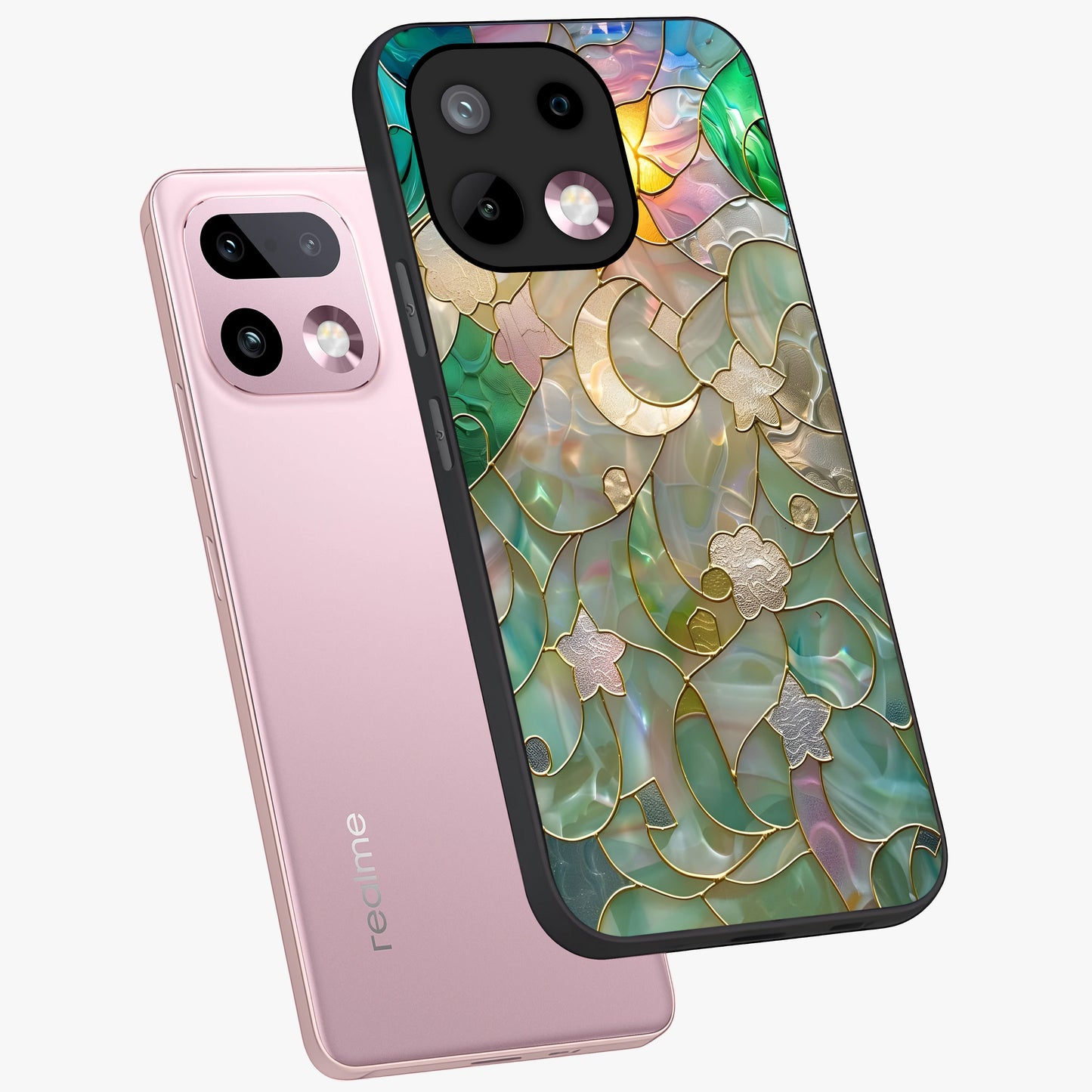 Stained Sunrise Glow Glass Case displayed in angled mockup highlighting radiant sunrise design with artistic aesthetic style.