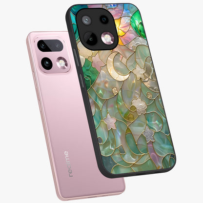 Stained Sunrise Glow Glass Case displayed in angled mockup highlighting radiant sunrise design with artistic aesthetic style.