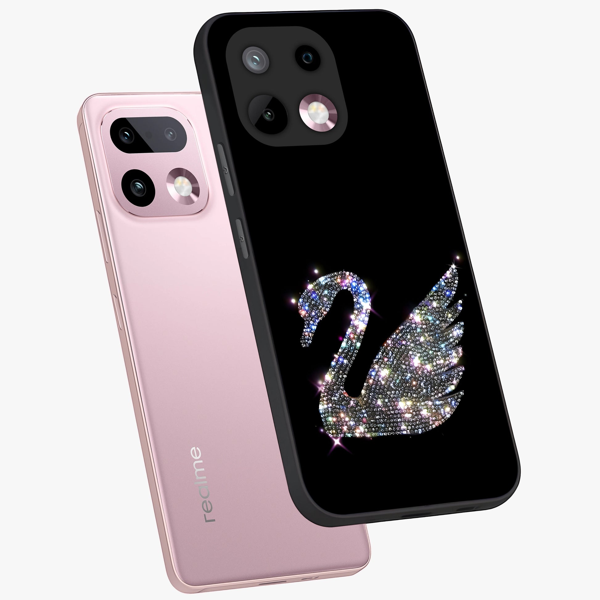 Starlit Swan Grace Glass Case displayed in angled mockup highlighting elegant swan illustration with dreamy celestial aesthetic.