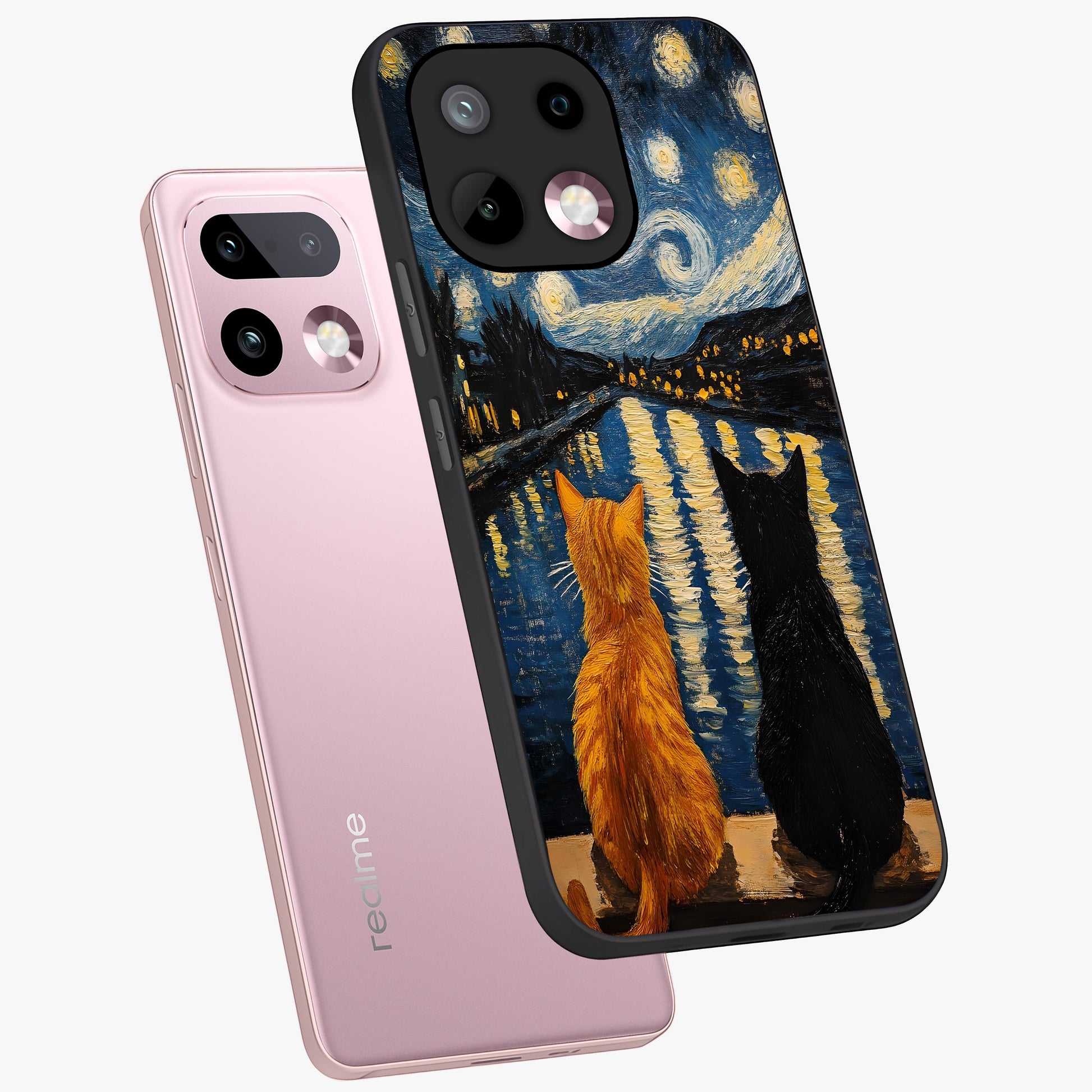 Starry River Cats Glass Case displayed in angled mockup highlighting charming feline illustration with dreamy night aesthetic.