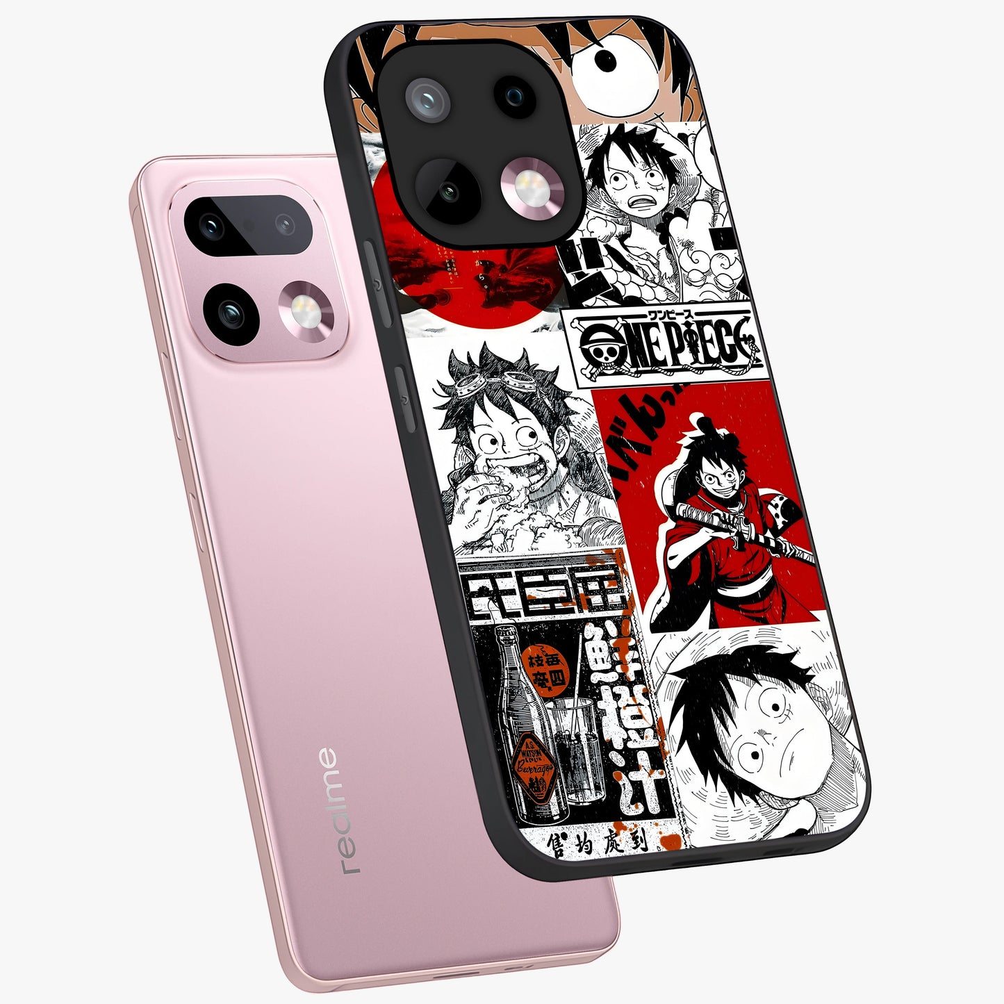 Strawhat Chaos Panels Glass Case displayed in angled mockup highlighting vibrant anime collage design with action aesthetic.