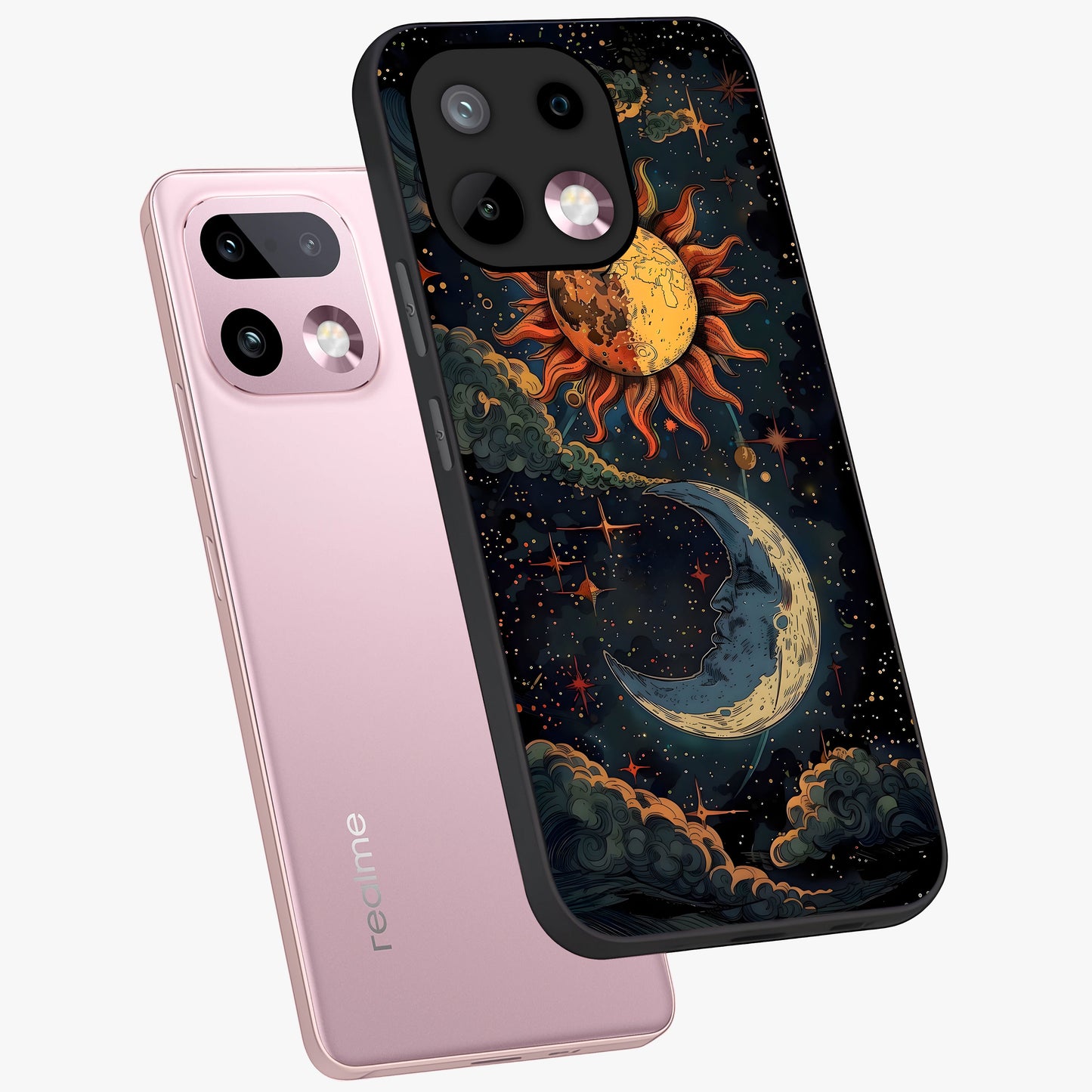 Sun And Moon Magic Design Glass Case displayed in angled mockup highlighting celestial design with magical cosmic aesthetic.