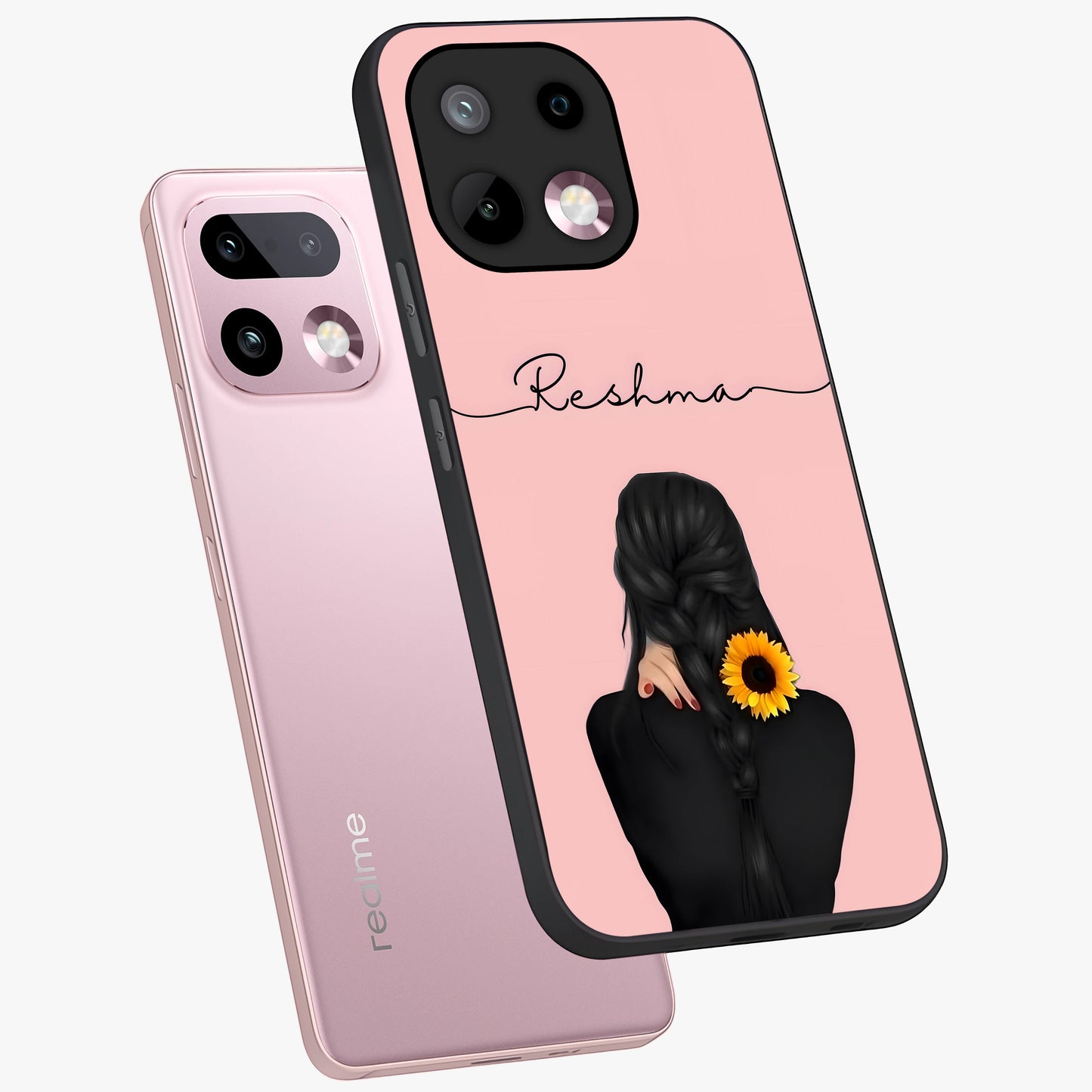 Sunflower Braid Beauty With Custom Name Glass Case displayed in angled mockup highlighting elegant sunflower design with custom name feature.