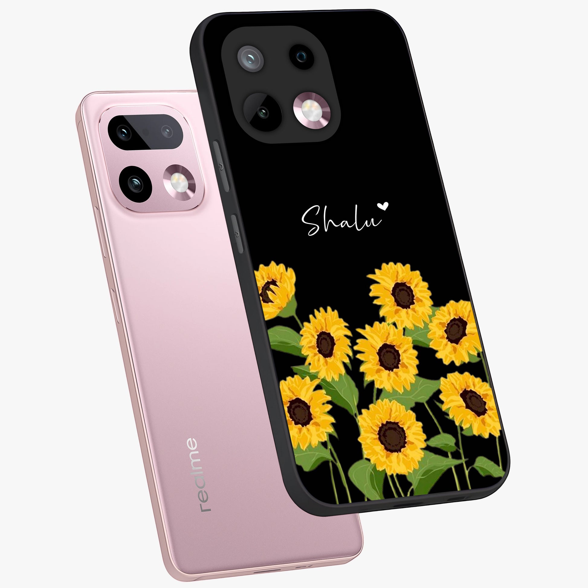 Sunflower Chic Mood Custom Name Glass Case displayed in angled mockup highlighting vibrant sunflower design with custom name feature.
