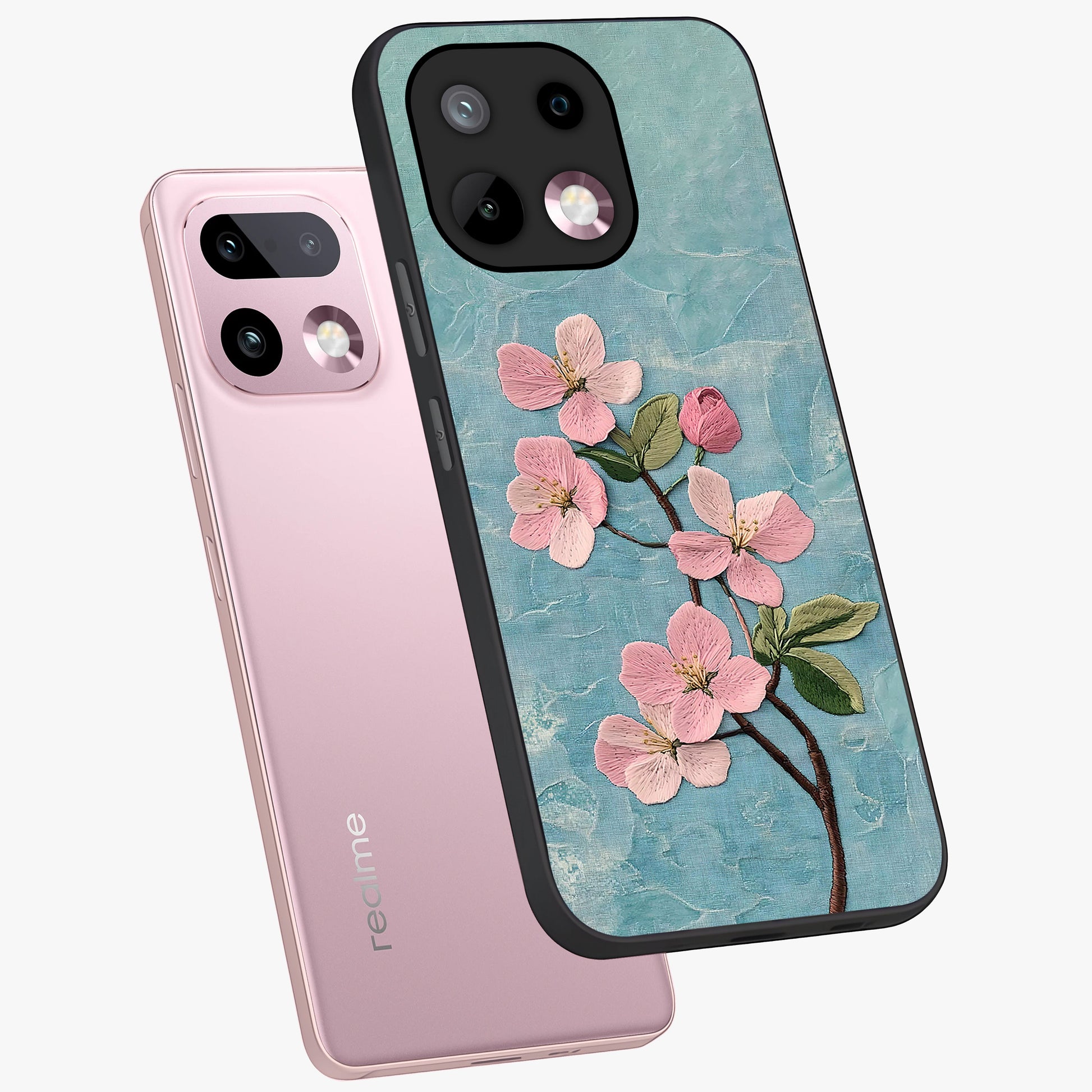 Threaded Blossom Breeze Glass Case displayed in angled mockup highlighting elegant floral design with soft aesthetic style.