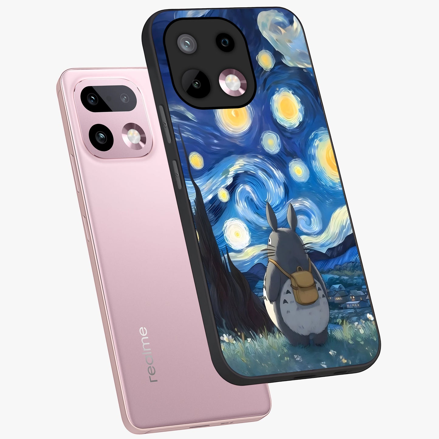Totoro In Van Gogh Art Glass Case displayed in angled mockup highlighting artistic swirling sky design with playful animation aesthetic.