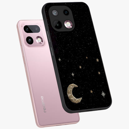 Twinkle Star With Half Moon Glass Case displayed in angled mockup highlighting celestial moon and star design with magical aesthetic.