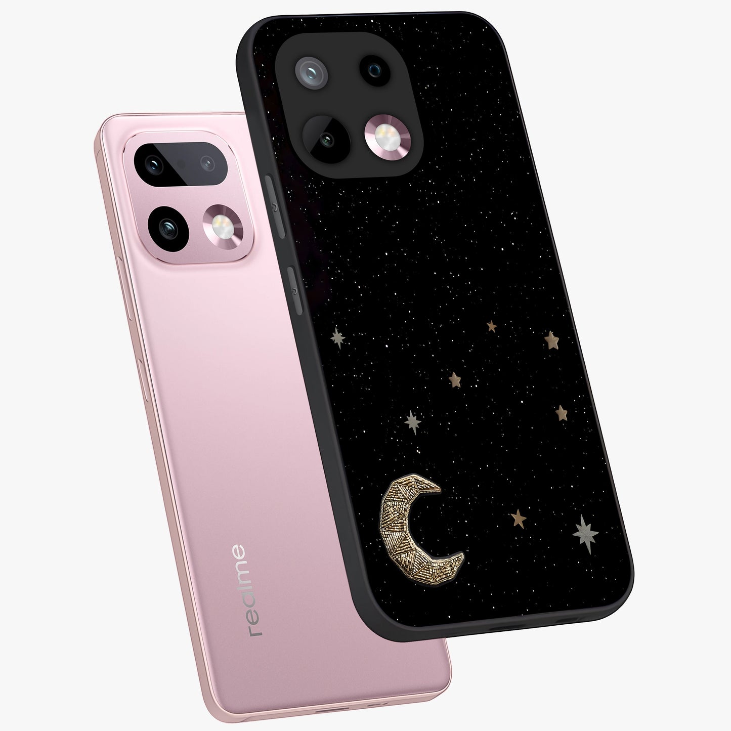 Twinkle Star With Half Moon Glass Case displayed in angled mockup highlighting celestial moon and star design with magical aesthetic.