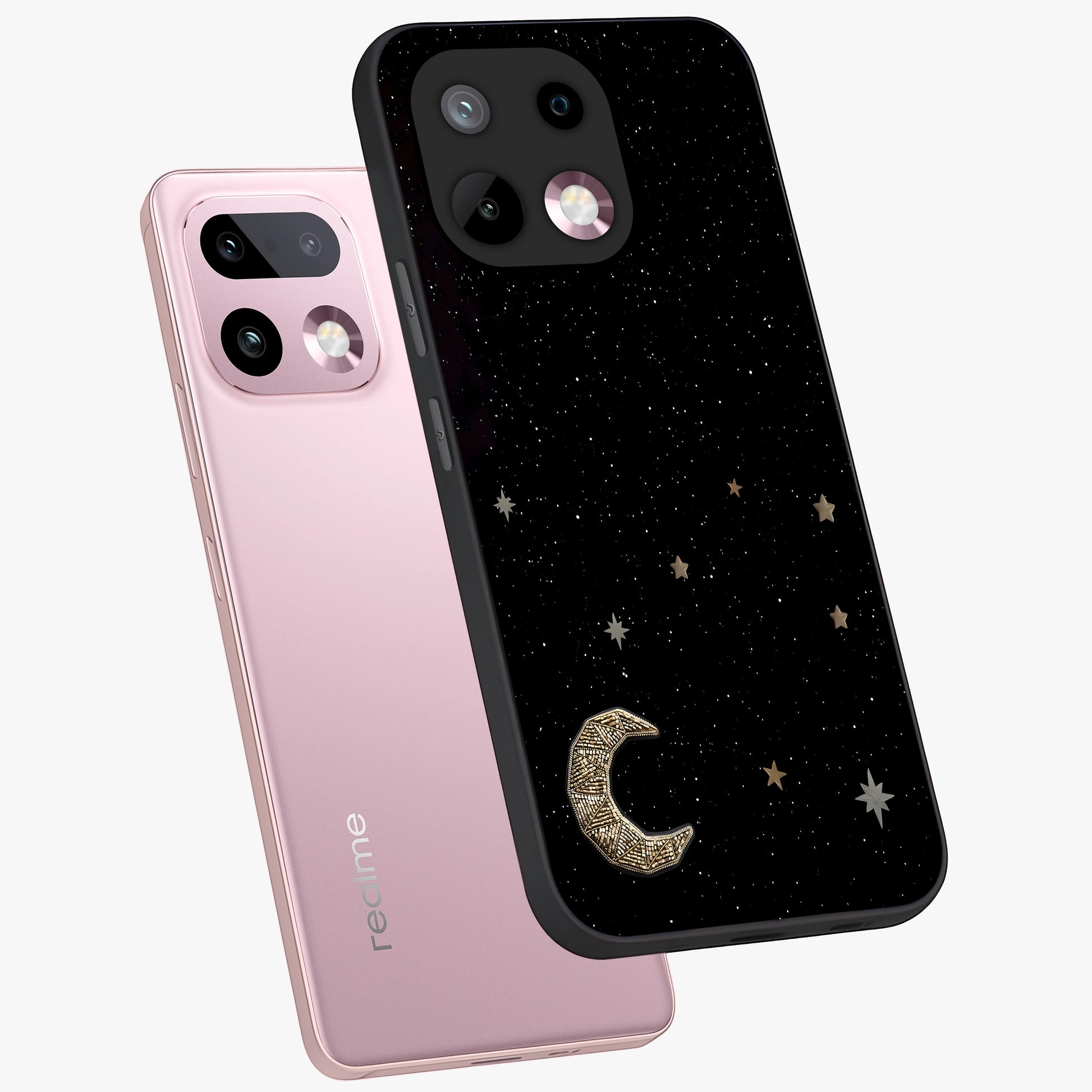 Twinkle Star With Half Moon Glass Case displayed in angled mockup highlighting celestial moon and star design with magical aesthetic.