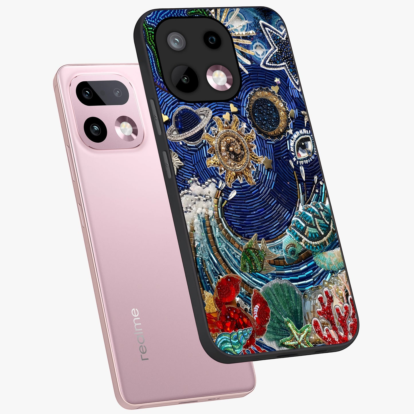 Universe Underwater Spark Glass Case displayed in angled mockup highlighting glowing aquatic design with celestial aesthetic.