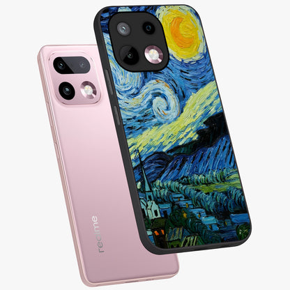 Van Gogh Art Glass Case displayed in angled mockup highlighting swirling brushstroke design with artistic aesthetic.
