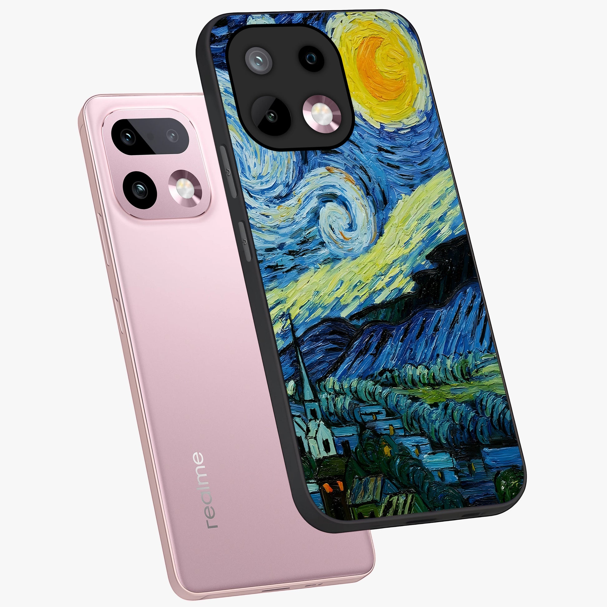 Van Gogh Art Glass Case displayed in angled mockup highlighting swirling brushstroke design with artistic aesthetic.