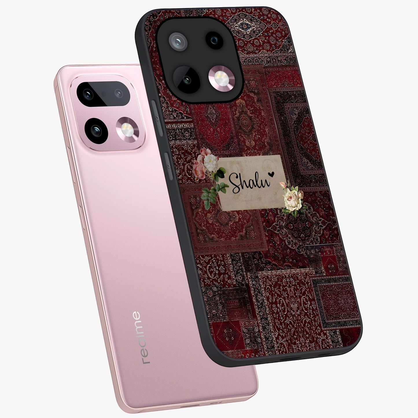 Velvet Wine Pattern Custom Name Glass Case displayed in angled mockup highlighting decorative velvet inspired design with custom name feature.