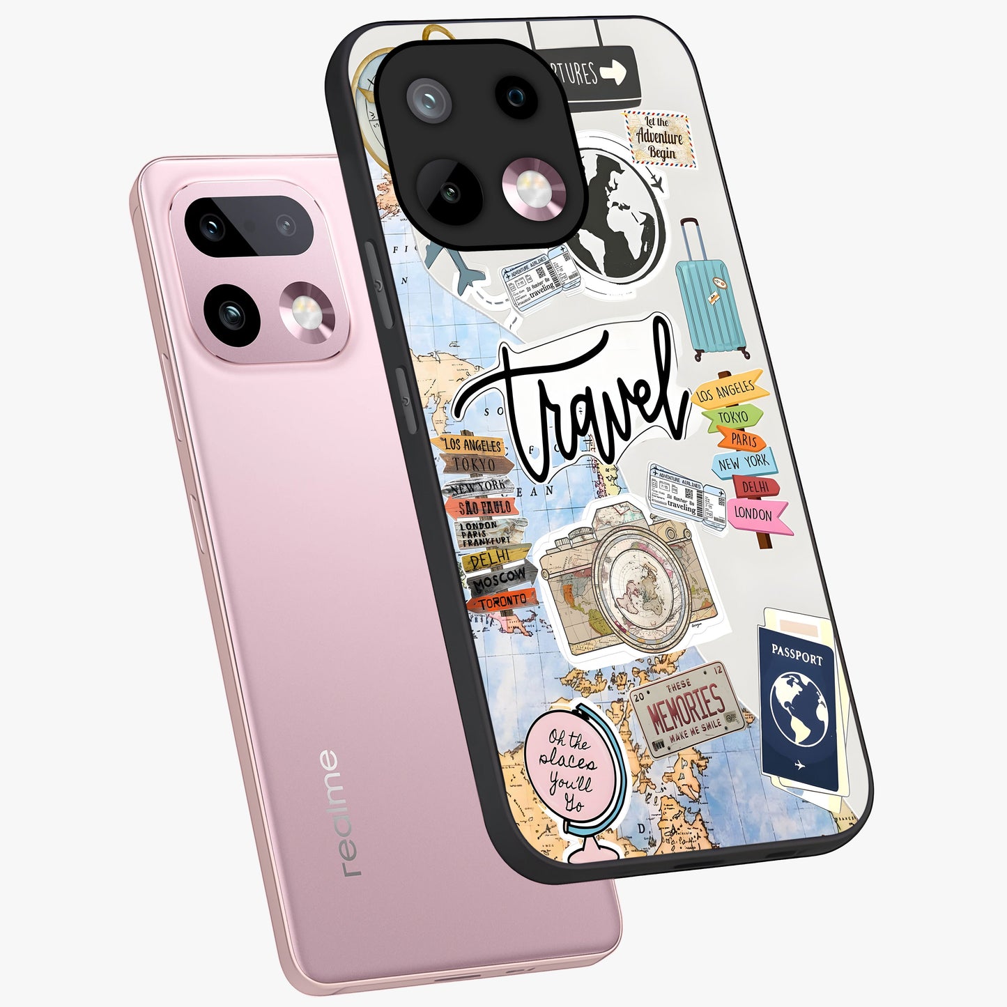 Wanderlust Journal Glass Case displayed in angled mockup highlighting adventure themed design with aesthetic travel vibe.