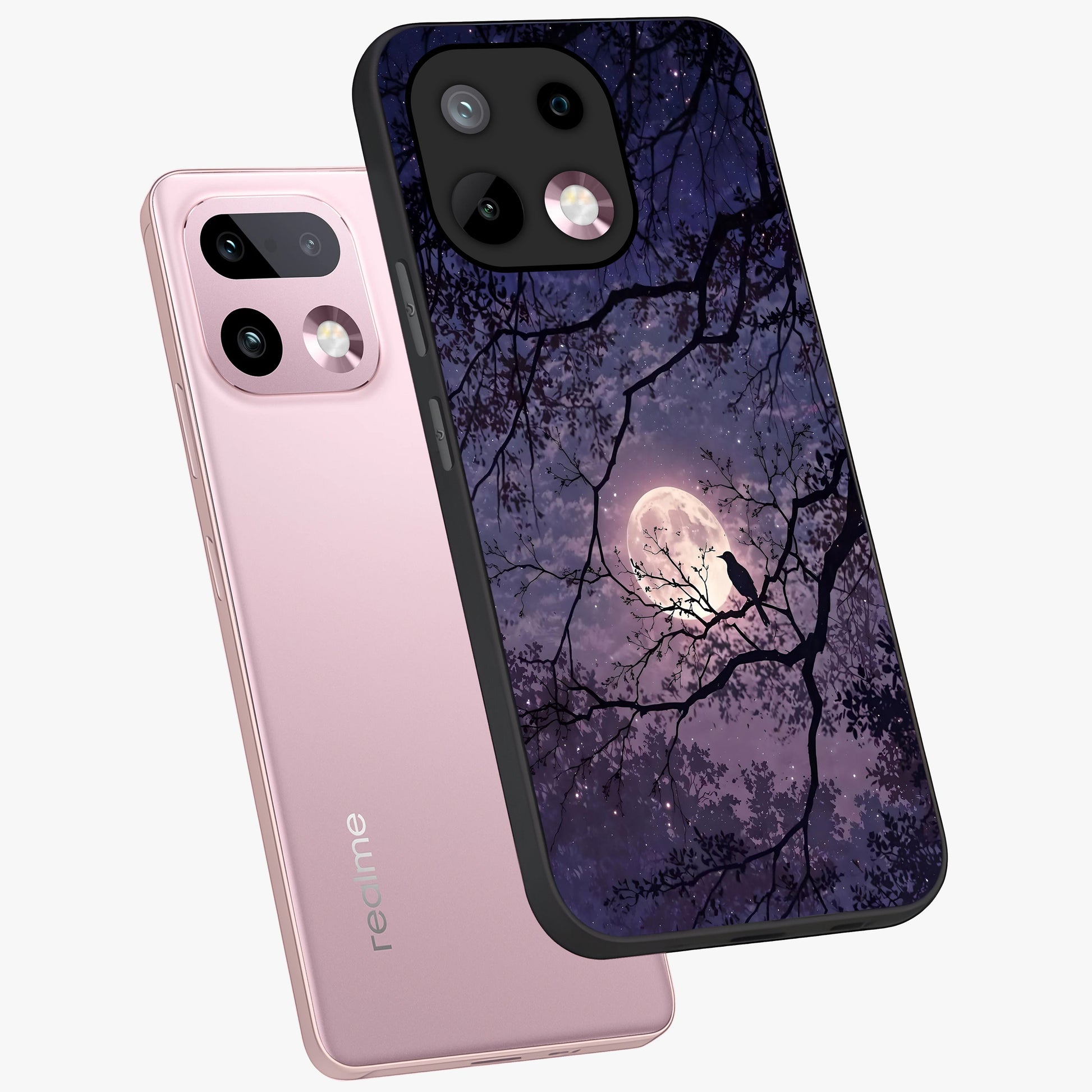 Whispering Moon Silence Glass Case displayed in angled mockup highlighting calm lunar design with dreamy night aesthetic.