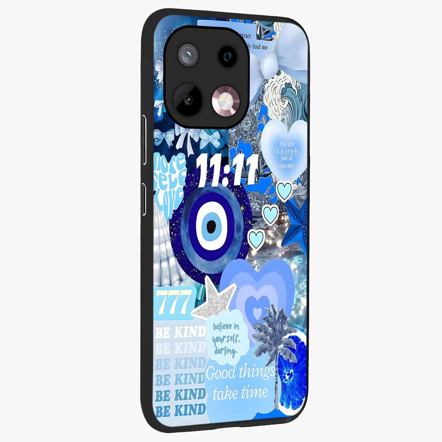 Aesthetic Be Kind Eye Glass Case upright view showcasing stylish eye illustration with positive message theme.