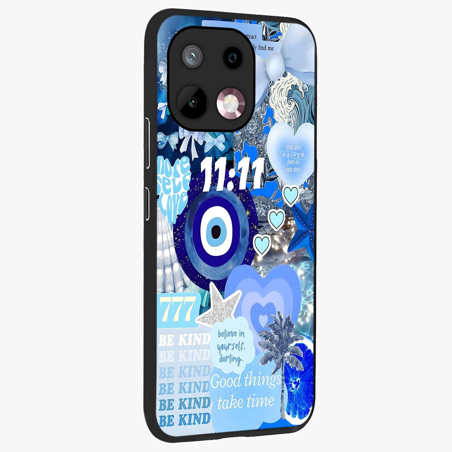 Aesthetic Be Kind Eye Glass Case upright view showcasing stylish eye illustration with positive message theme.