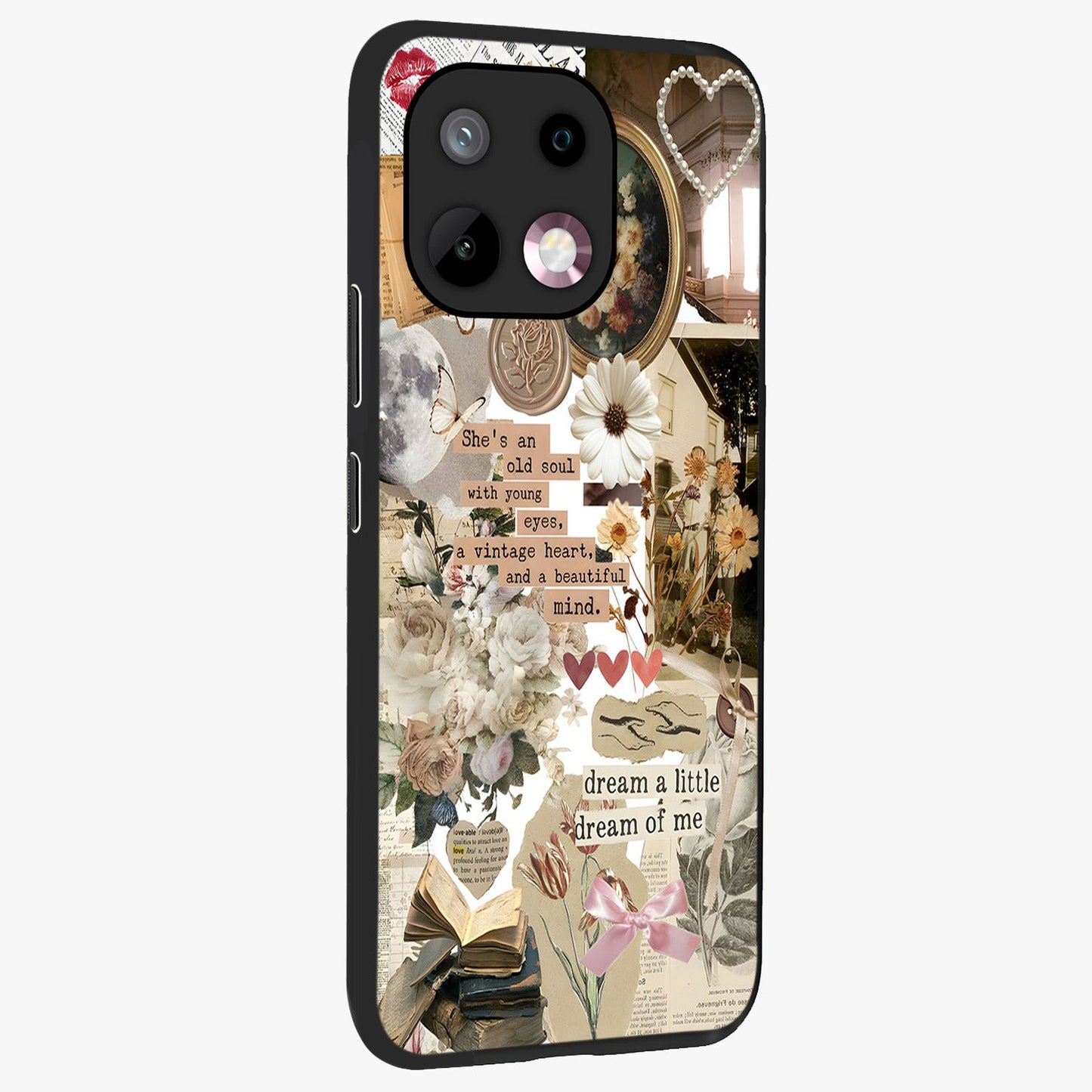 Aesthetic Brown Vintage Collage Glass Case upright view showcasing nostalgic retro artwork with stylish vintage theme.