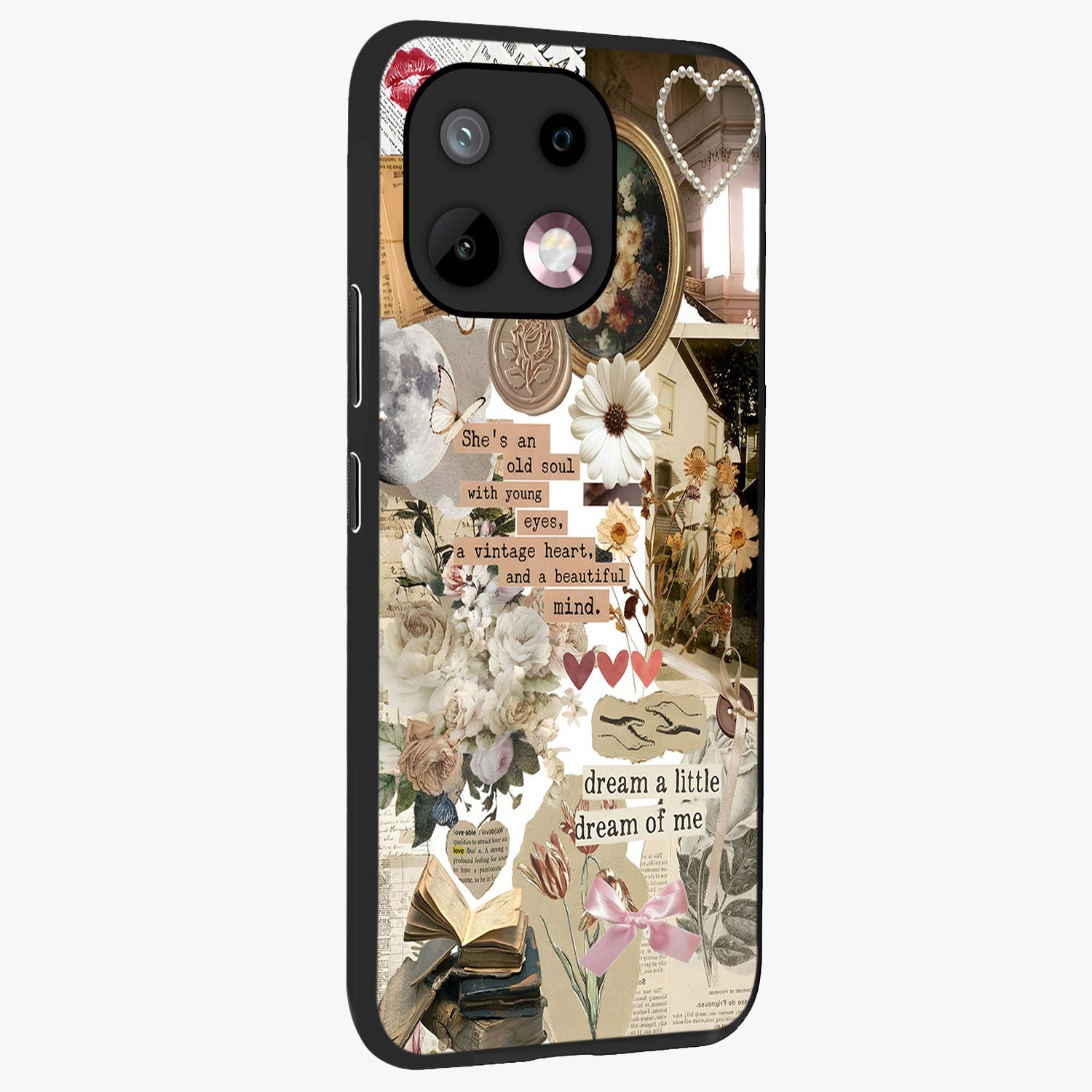Aesthetic Brown Vintage Collage Glass Case upright view showcasing nostalgic retro artwork with stylish vintage theme.