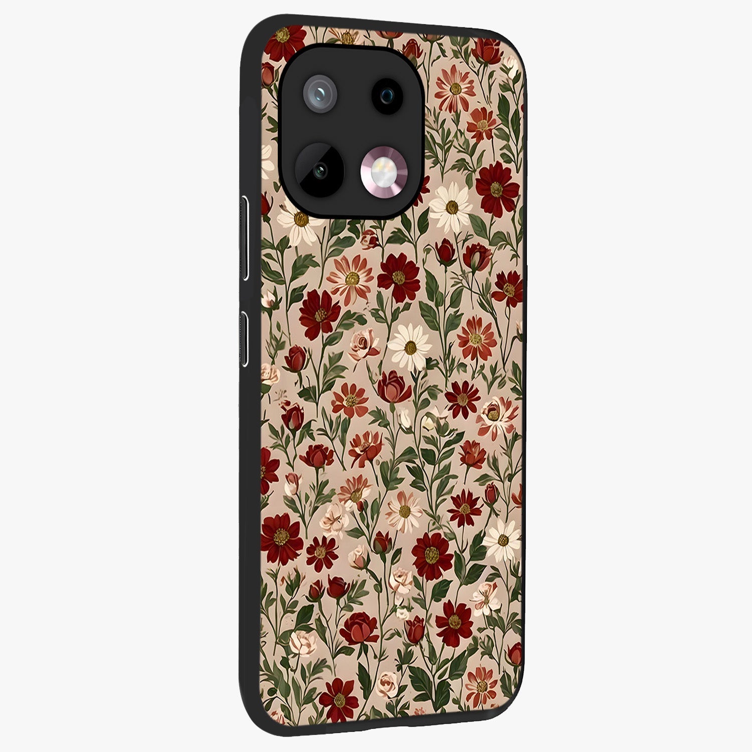 Biege Flower With Leaf Glass Case upright view showcasing delicate beige flower illustration with clean botanical style.
