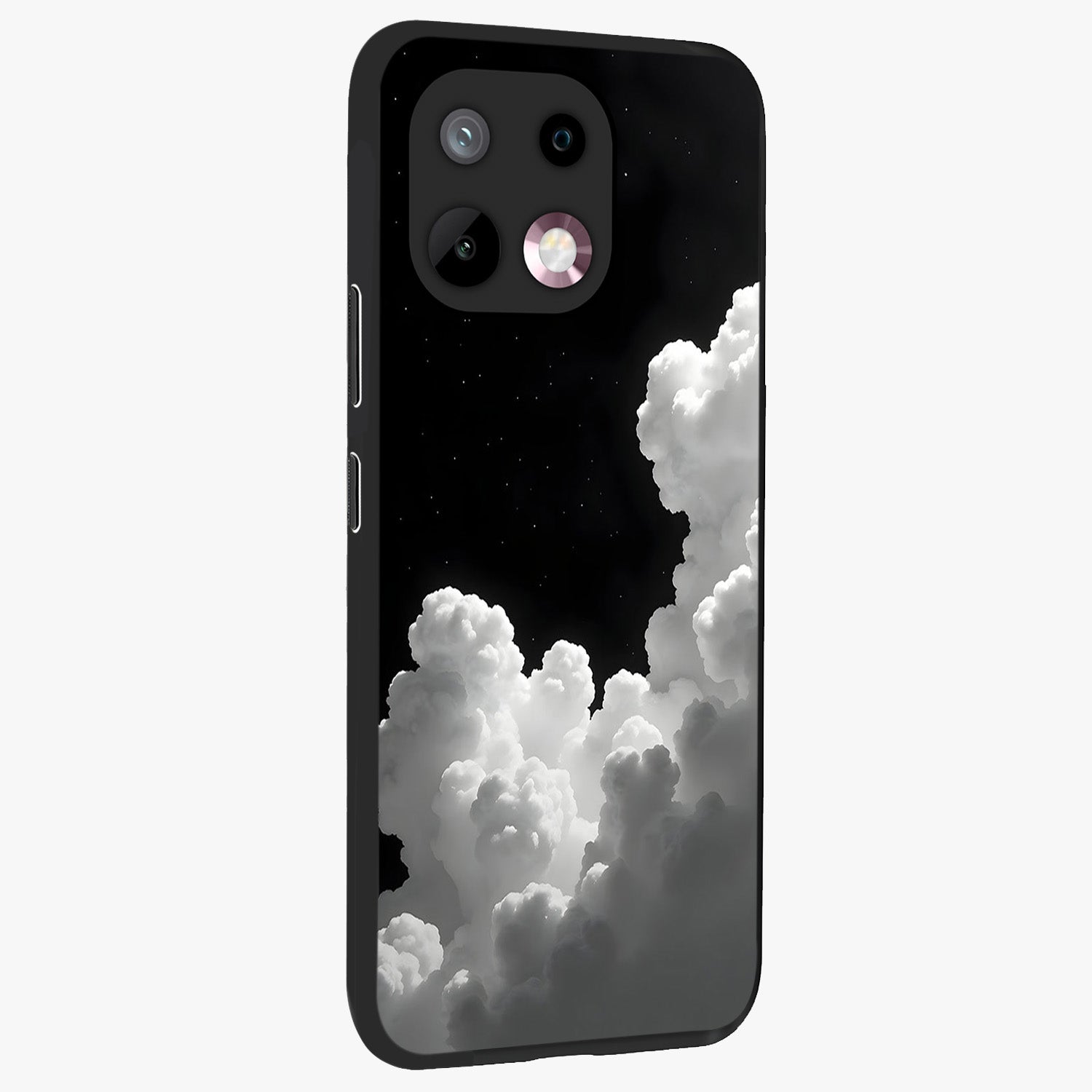 Black Background With White Cloud Glass Case upright view showcasing calm cloud aesthetic with modern minimal style.