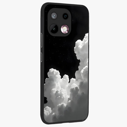 Black Background With White Cloud Glass Case upright view showcasing calm cloud aesthetic with modern minimal style.