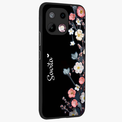 Black Elegance Floral Custom Name Glass Case upright view showcasing luxurious black floral design with personalized name detail.