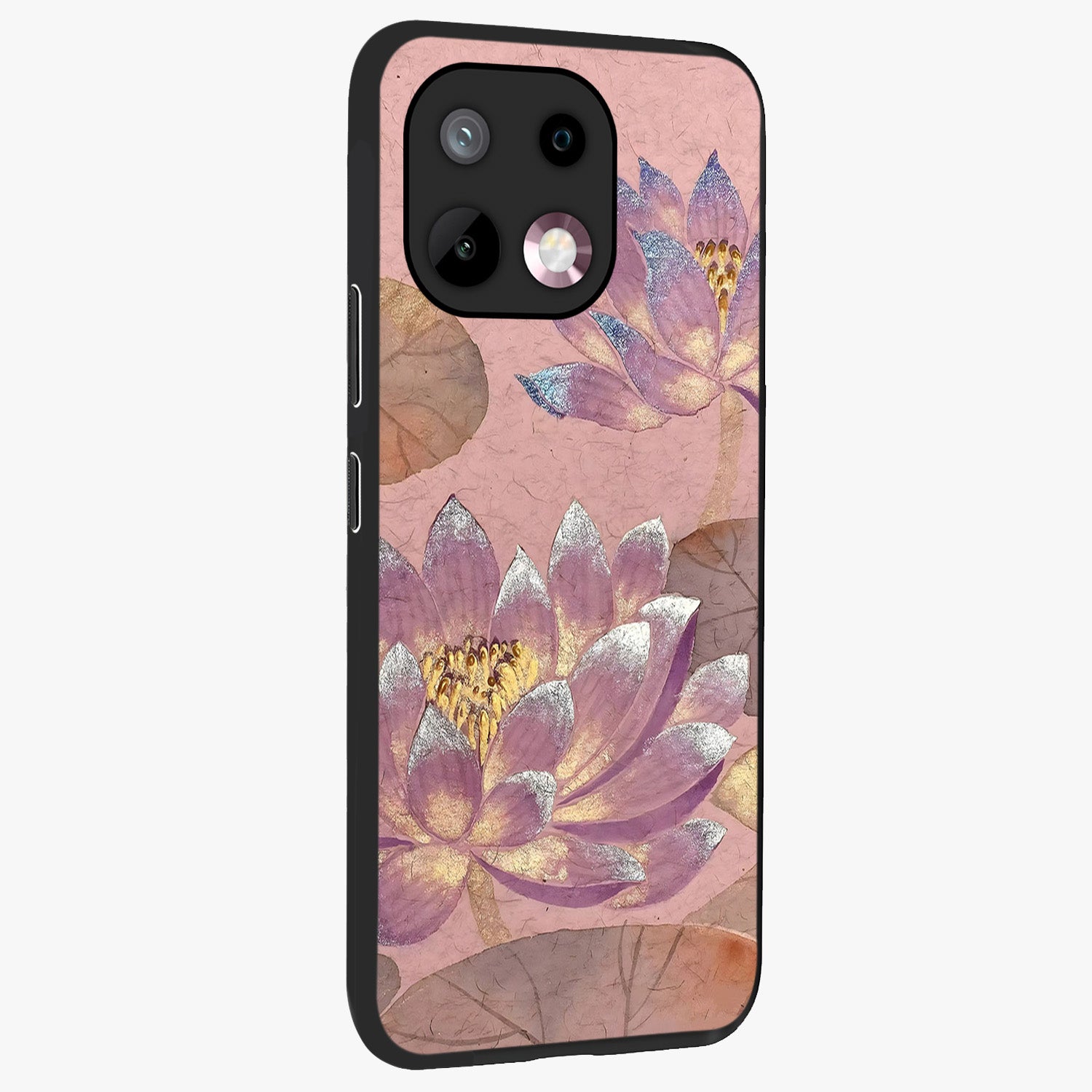 Blossom Mist Lotus Glass Case upright view showcasing graceful lotus flower design with peaceful botanical style.