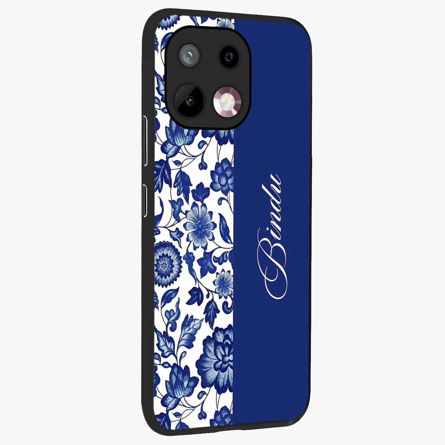Blue Vintage Floral Pattern Glass Case upright view showcasing delicate blush floral texture with modern minimal style.