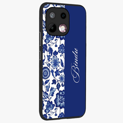Blue Vintage Floral Pattern Glass Case upright view showcasing delicate blush floral texture with modern minimal style.