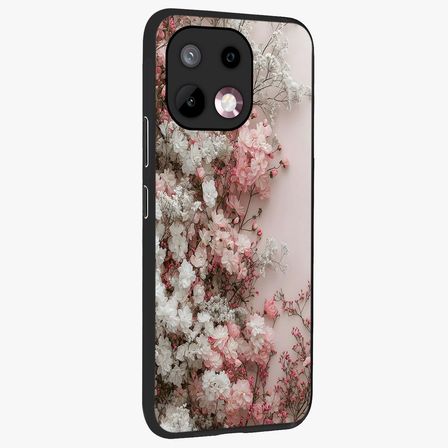 Blush Blossom Cloud Glass Case upright view showcasing calm floral cloud artwork with gentle dreamy theme.